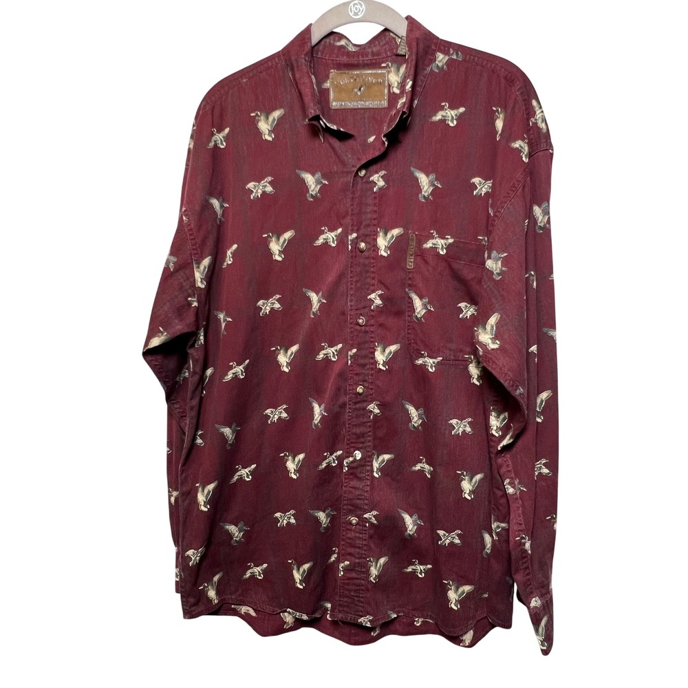 North River Mens Button Down Shirt Mallard Duck Print M Burgundy Outdoor Hunting